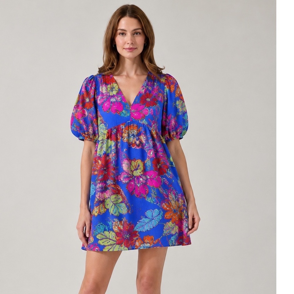 Sugarlips Purple Floral V-Neck Puff Sleeve Mini Dress Medium